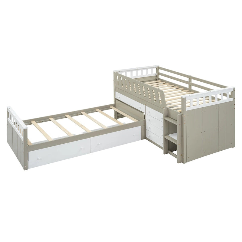 L-shaped Space-Saving Loft and Platform Bed with 7 Drawers and Full Guardrails