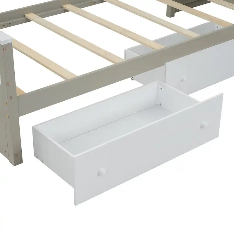 L-shaped Space-Saving Loft and Platform Bed with 7 Drawers and Full Guardrails
