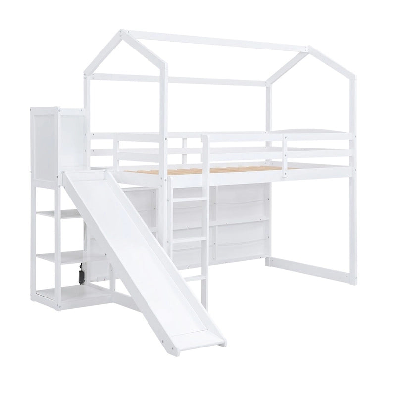 Twin Size Wood House Loft Bed with Slide