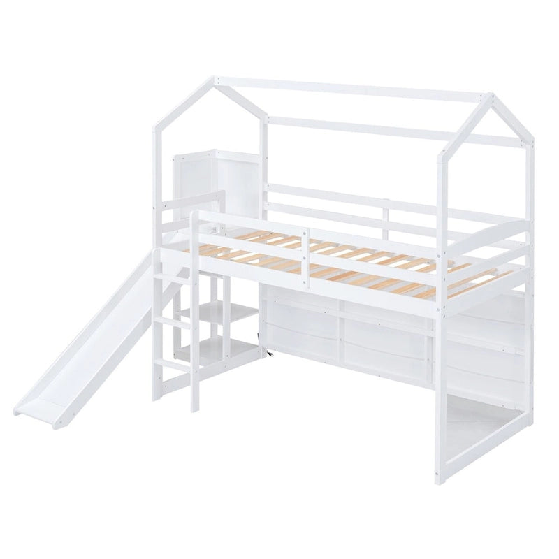 Twin Size Wood House Loft Bed with Slide