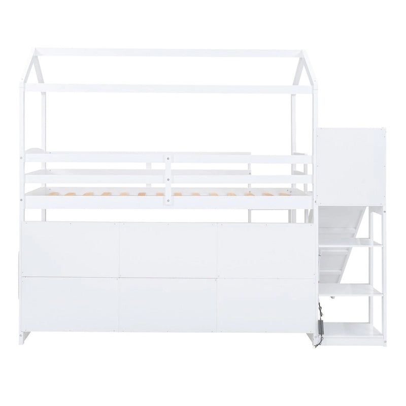 Twin Size Wood House Loft Bed with Slide