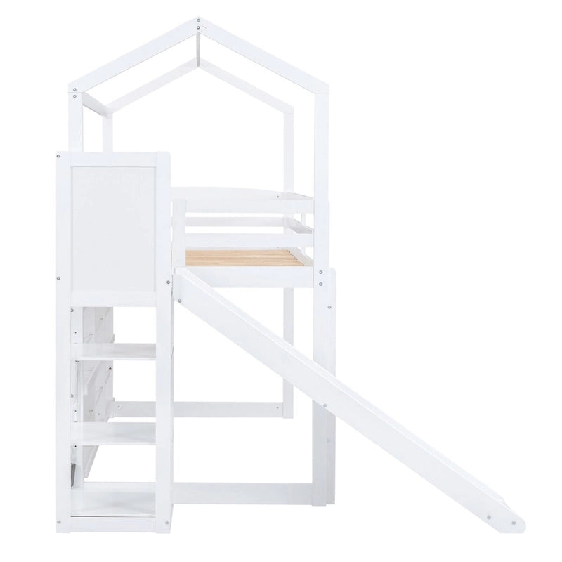 Twin Size Wood House Loft Bed with Slide