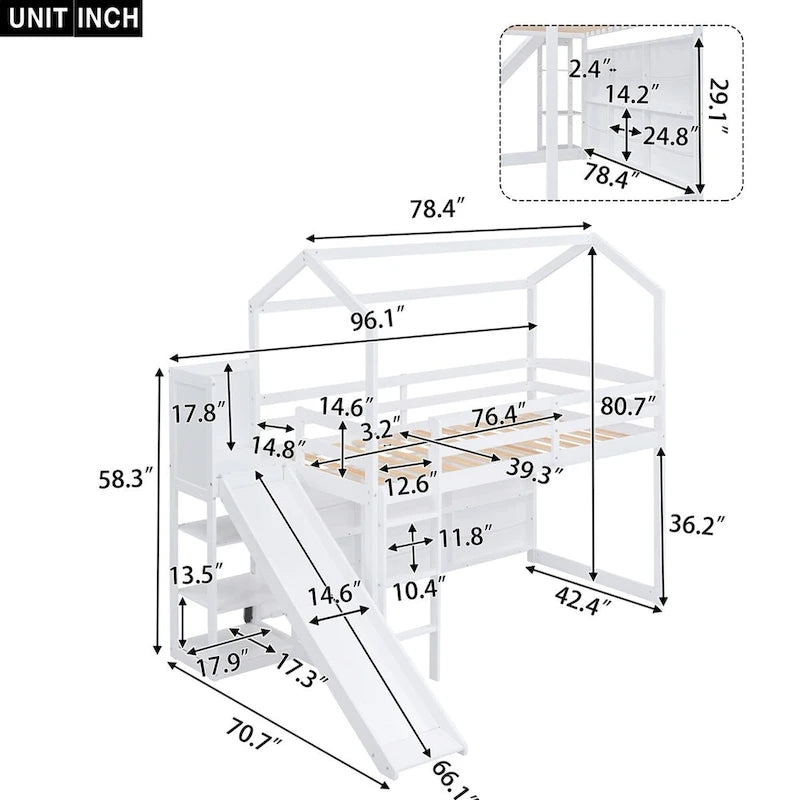 Twin Size Wood House Loft Bed with Slide