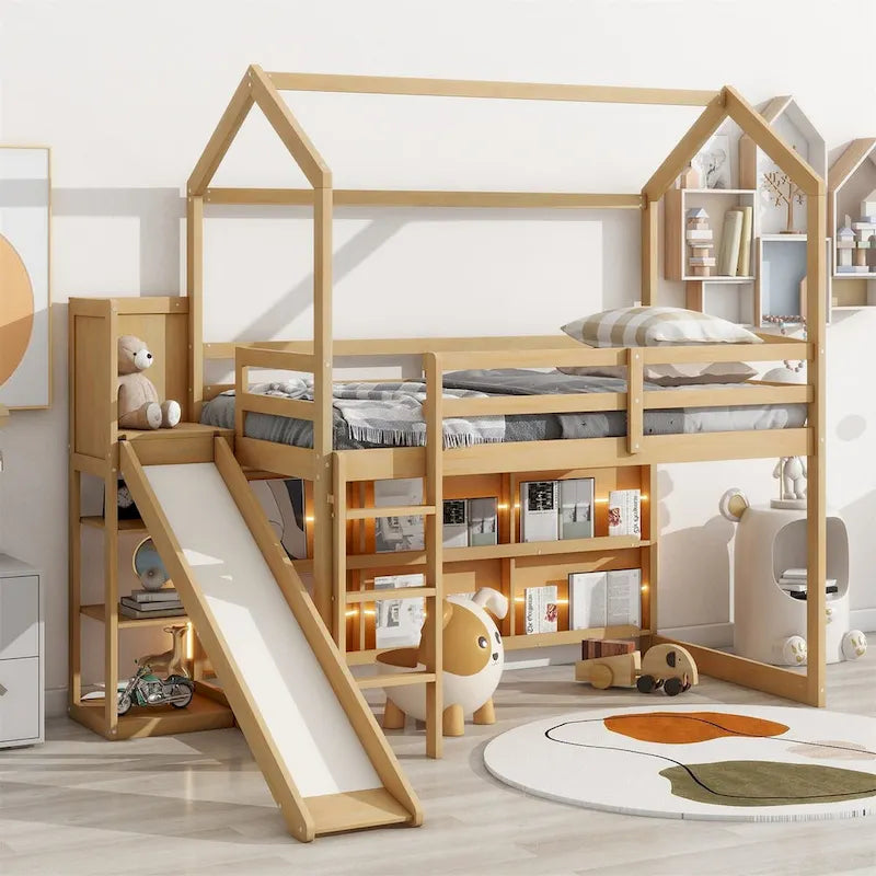 Twin Size Wood House Loft Bed with Slide
