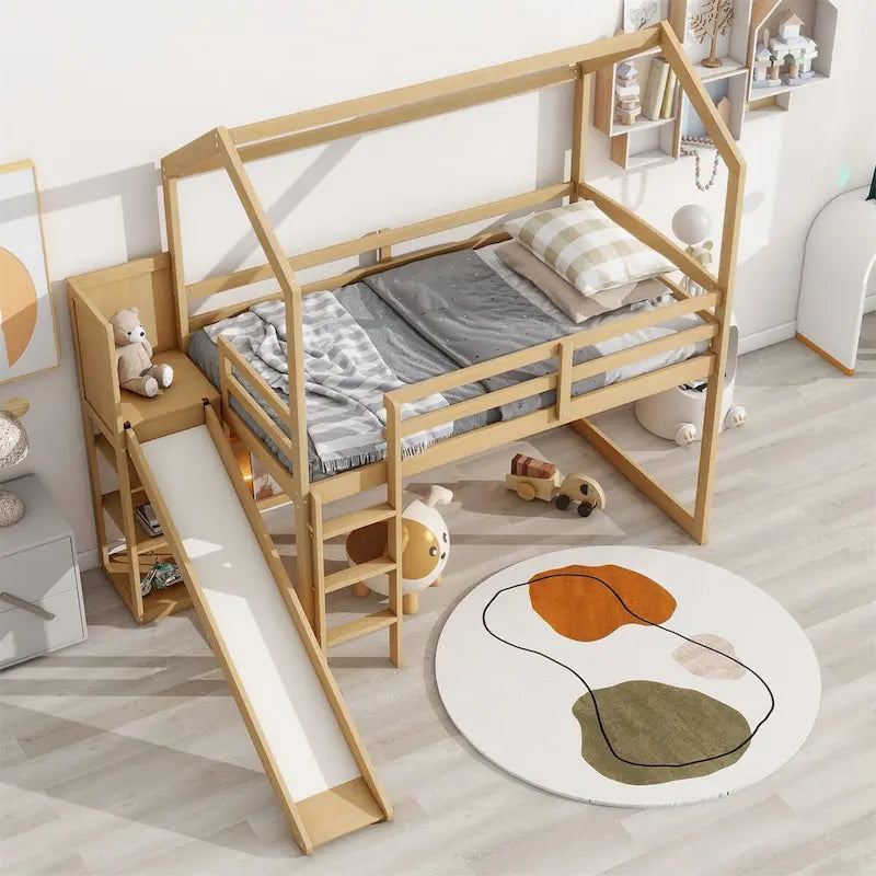 Twin Size Wood House Loft Bed with Slide
