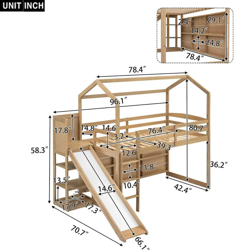 Twin Size Wood House Loft Bed with Slide