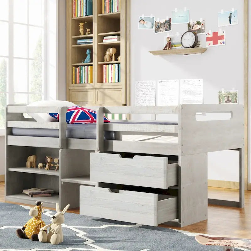 Solid Wood Twin Size Loft Bed with Dual Shelves and Two Drawers for Storage
