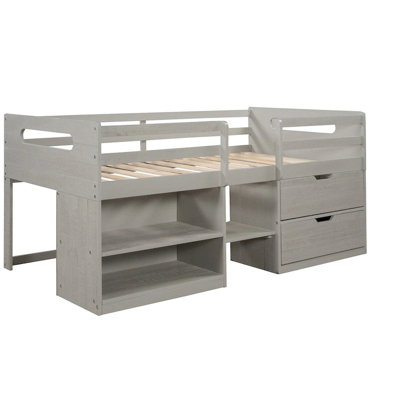 Solid Wood Twin Size Loft Bed with Dual Shelves and Two Drawers for Storage