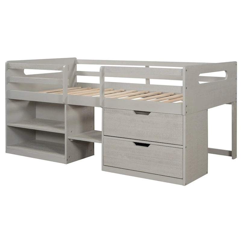 Solid Wood Twin Size Loft Bed with Dual Shelves and Two Drawers for Storage