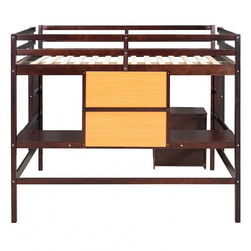 Espresso Pine Wood Loft Bed with Desk and Cabinet, Writing Board, Full-Length Guardrail