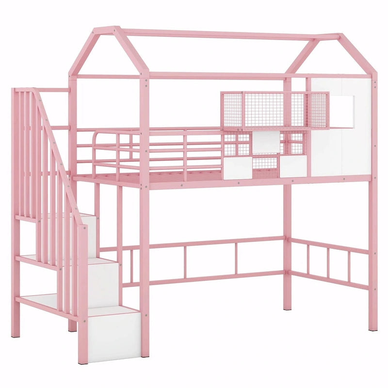 Twin Size Metal Loft Bed with Roof Design and Integrated Storage Box