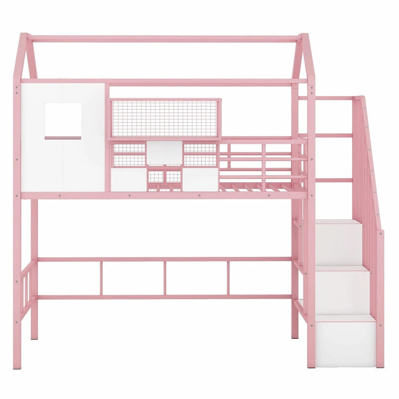 Twin Size Metal Loft Bed with Roof Design and Integrated Storage Box