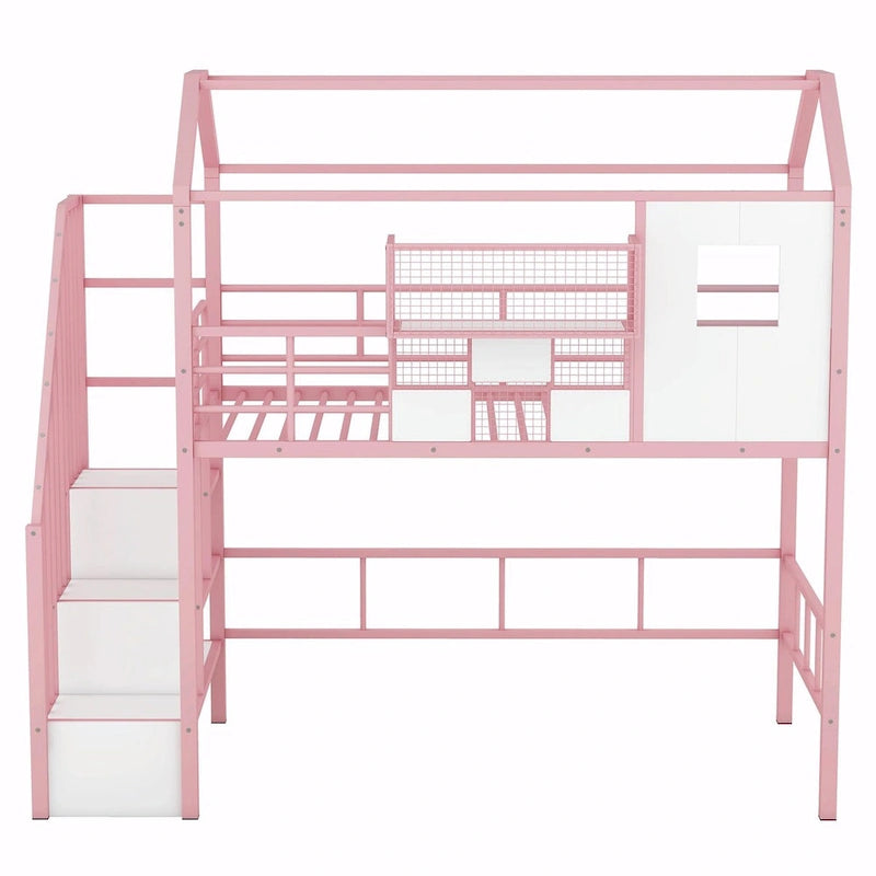 Twin Size Metal Loft Bed with Roof Design and Integrated Storage Box