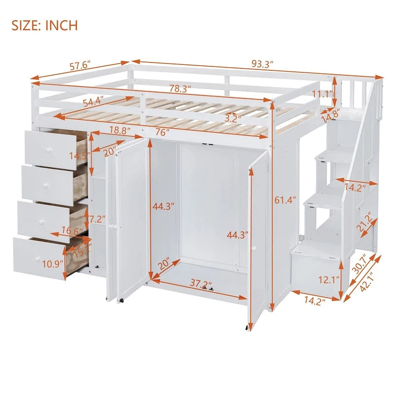 Full Size Wood Loft Bed With Built-in Wardrobes, Cabinets and Drawers