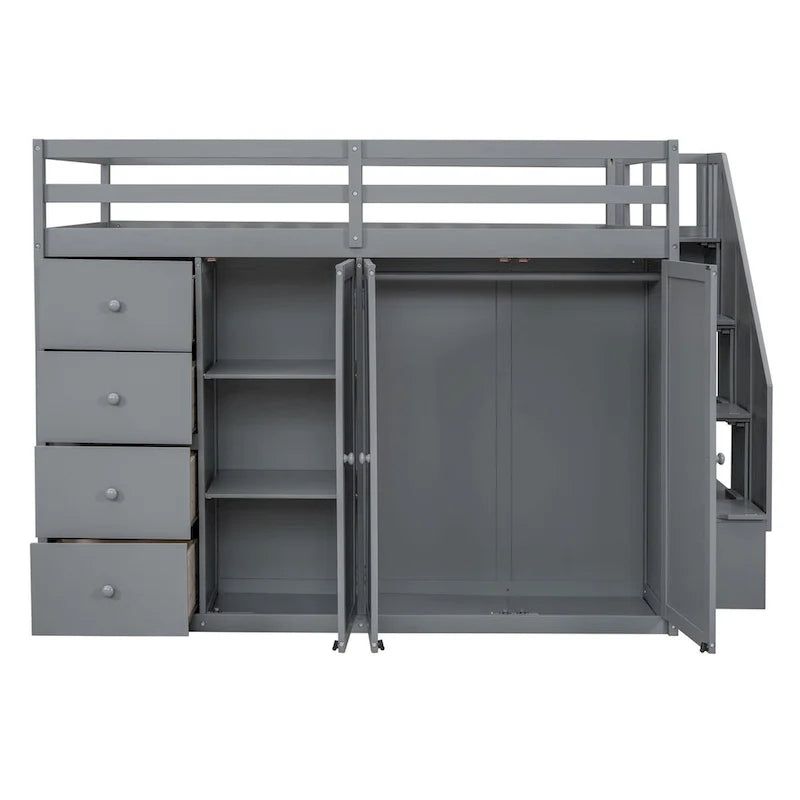 Full Size Wood Loft Bed With Built-in Wardrobes, Cabinets and Drawers