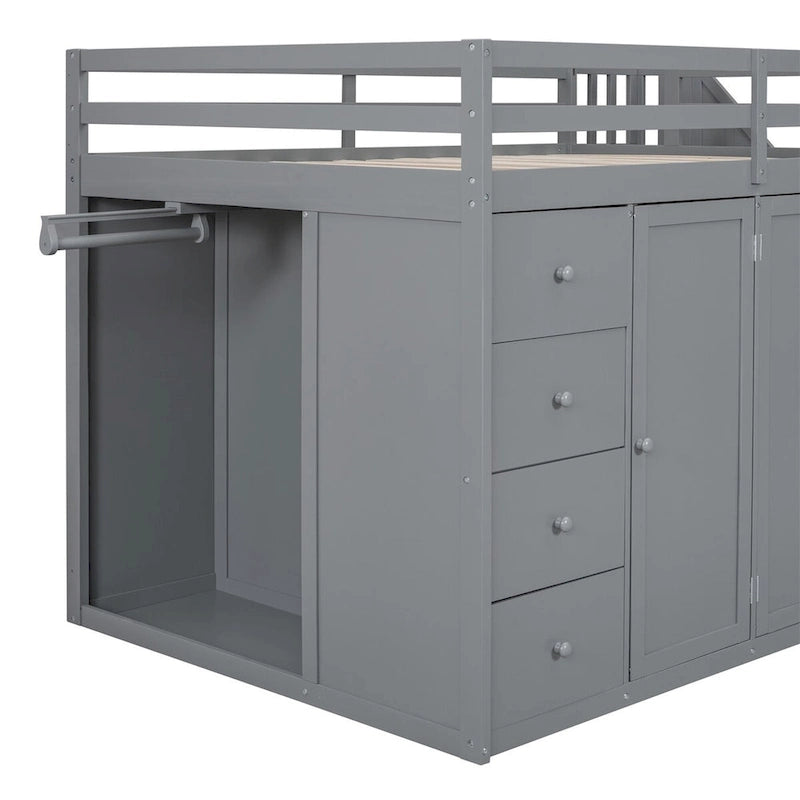 Full Size Wood Loft Bed With Built-in Wardrobes, Cabinets and Drawers