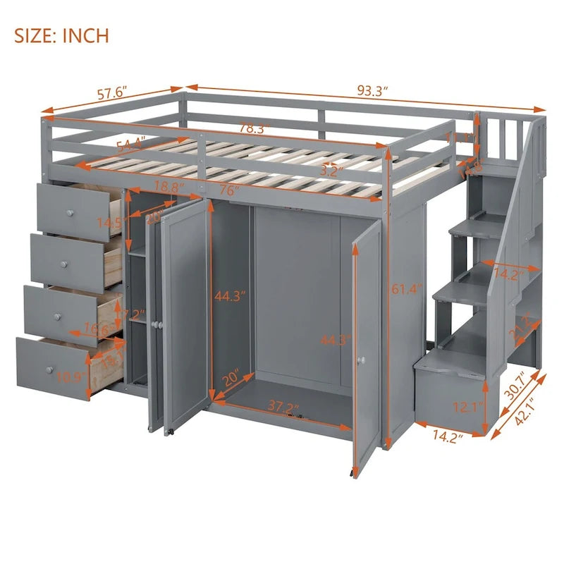 Full Size Wood Loft Bed With Built-in Wardrobes, Cabinets and Drawers