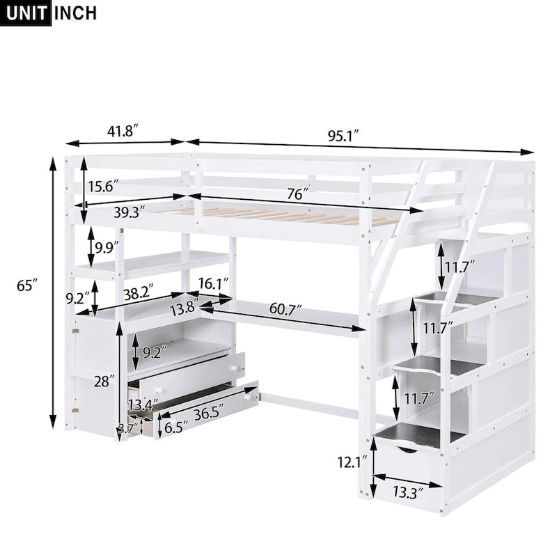 Lit mezzanine avec bureau et étagères, 2 tiroirs intégrés, escalier de rangement
