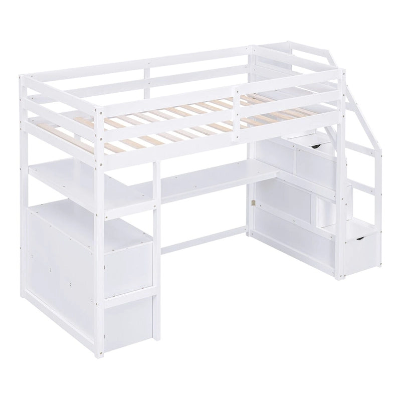 Lit mezzanine avec bureau et étagères, 2 tiroirs intégrés, escalier de rangement