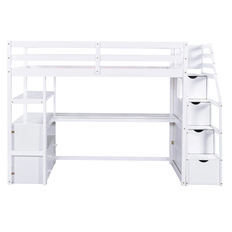 Lit mezzanine avec bureau et étagères, 2 tiroirs intégrés, escalier de rangement