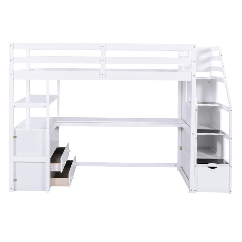 Lit mezzanine avec bureau et étagères, 2 tiroirs intégrés, escalier de rangement