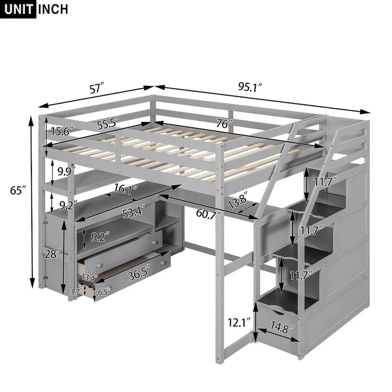 Lit mezzanine avec bureau et étagères, 2 tiroirs intégrés, escalier de rangement