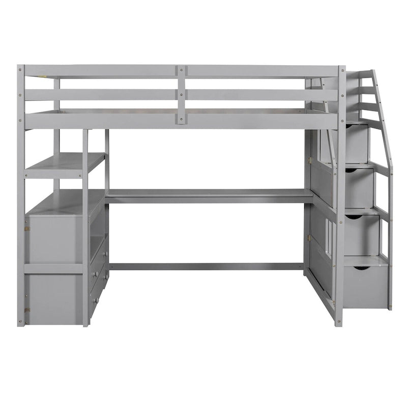 Lit mezzanine avec bureau et étagères, 2 tiroirs intégrés, escalier de rangement