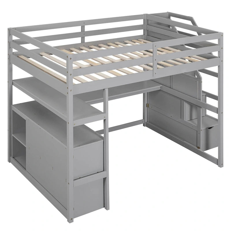 Lit mezzanine avec bureau et étagères, 2 tiroirs intégrés, escalier de rangement