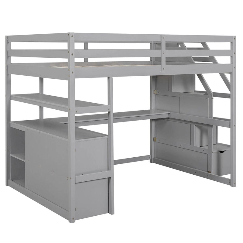 Lit mezzanine avec bureau et étagères, 2 tiroirs intégrés, escalier de rangement