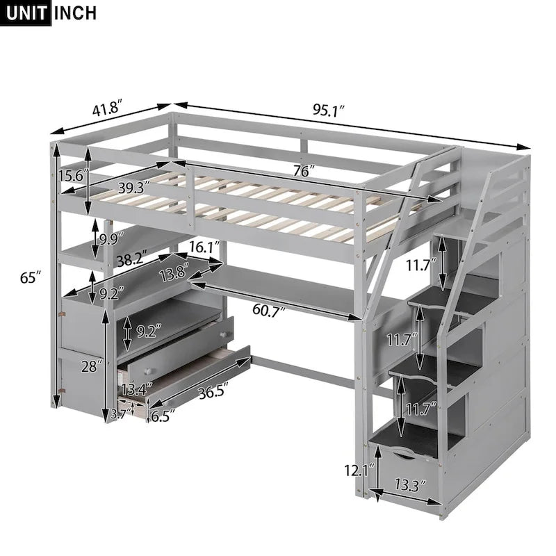 Lit mezzanine avec bureau et étagères, 2 tiroirs intégrés, escalier de rangement
