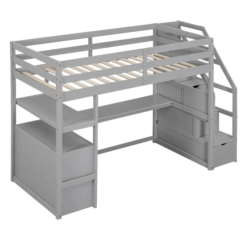 Lit mezzanine avec bureau et étagères, 2 tiroirs intégrés, escalier de rangement