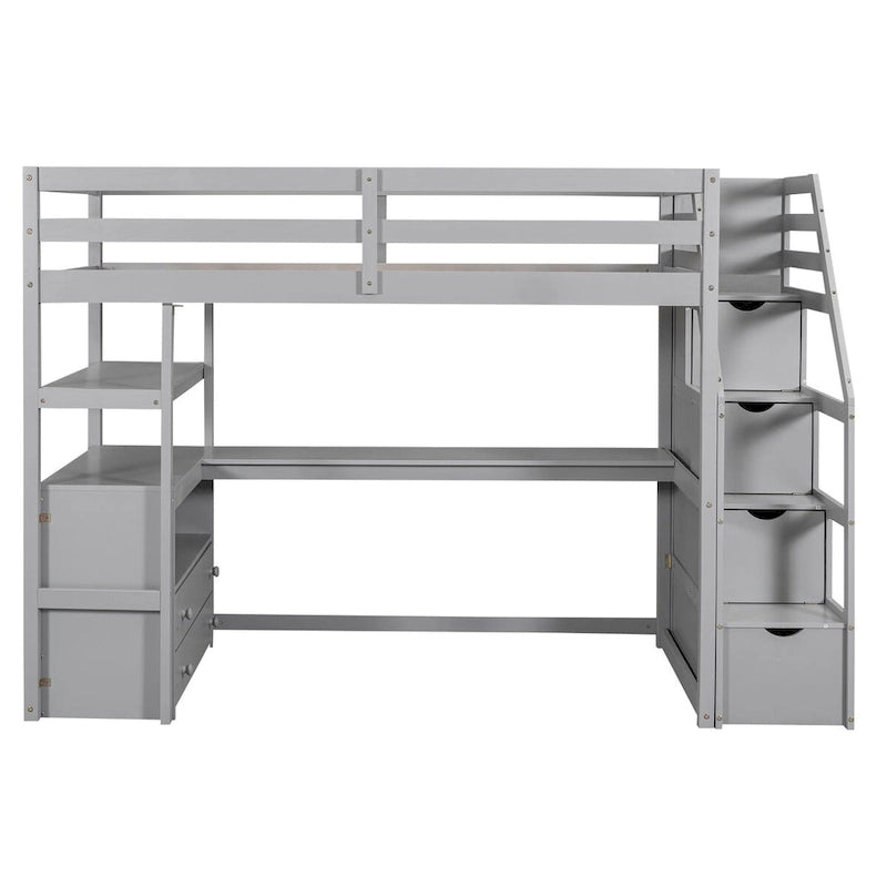 Lit mezzanine avec bureau et étagères, 2 tiroirs intégrés, escalier de rangement