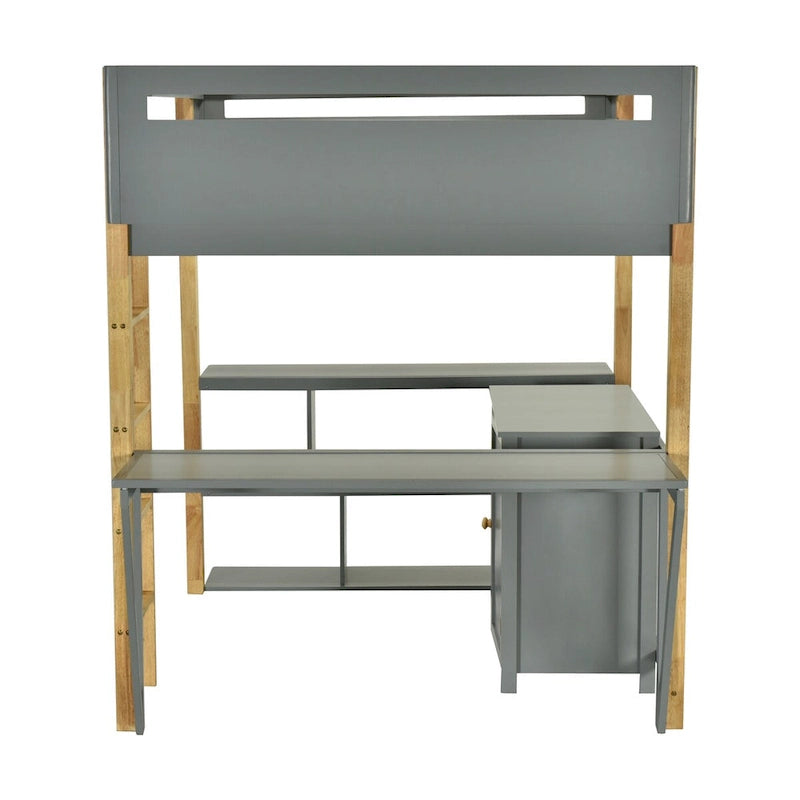 Full Size Wood Loft Bed With Cabinet and Cubes