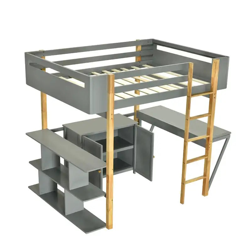 Full Size Wood Loft Bed With Cabinet and Cubes