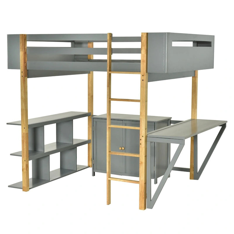 Full Size Wood Loft Bed With Cabinet and Cubes