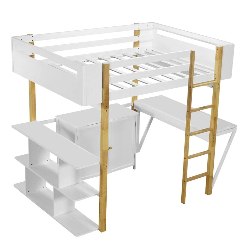 Full Size Wood Loft Bed With Cabinet and Cubes