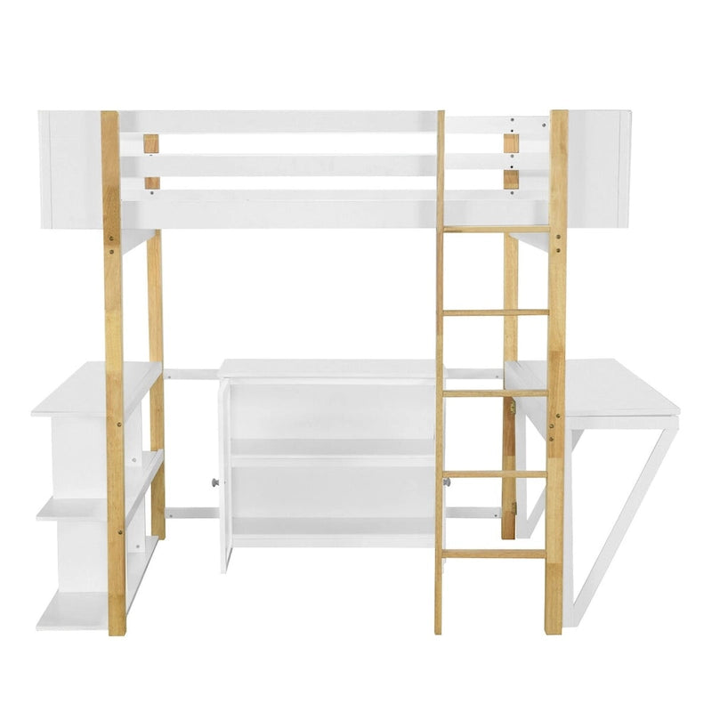 Full Size Wood Loft Bed With Cabinet and Cubes