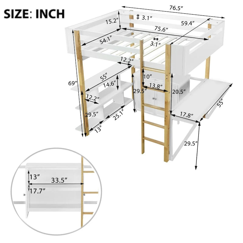 Full Size Wood Loft Bed With Cabinet and Cubes