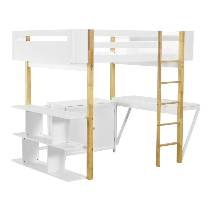 Full Size Wood Loft Bed With Cabinet and Cubes