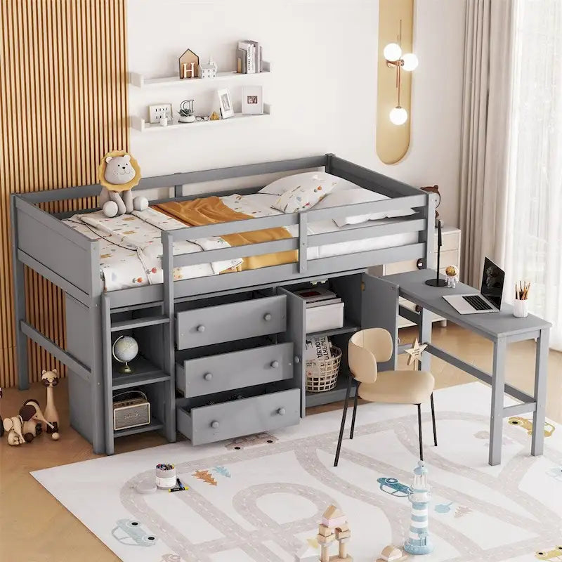 Twin Size Wood Loft Bed with Pull-Out Desk,Cabinet and Shelves