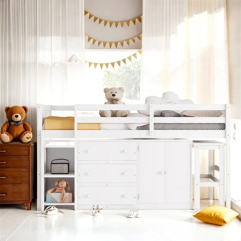 Lit mezzanine double en bois avec bureau coulissant, armoire et étagères