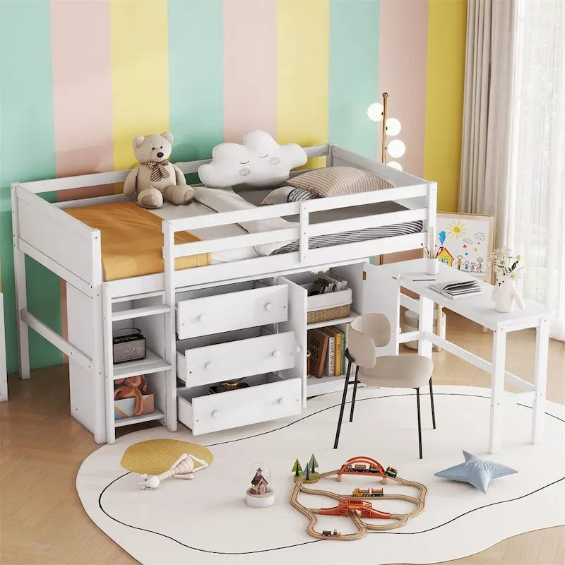 Lit mezzanine double en bois avec bureau coulissant, armoire et étagères