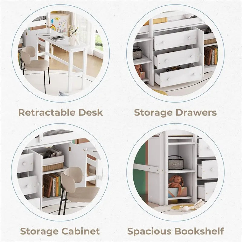 Lit mezzanine double en bois avec bureau coulissant, armoire et étagères
