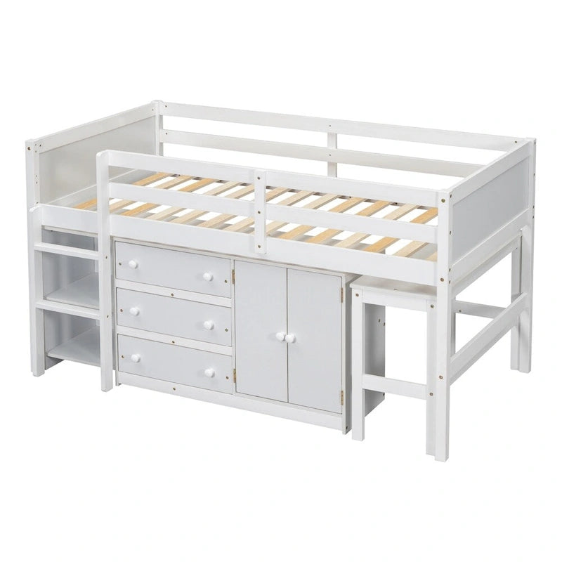 Lit mezzanine double en bois avec bureau coulissant, armoire et étagères