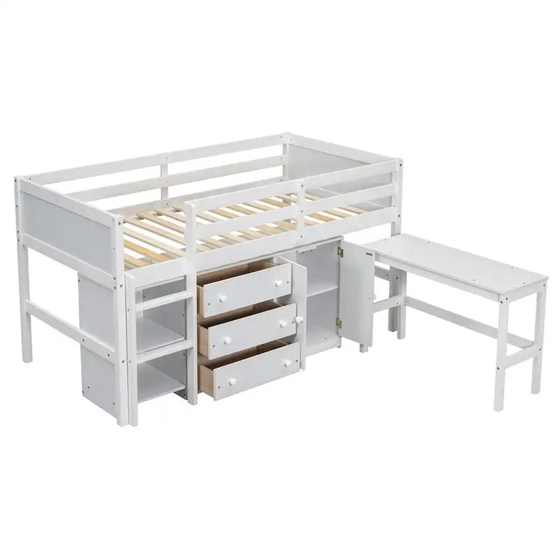 Lit mezzanine double en bois avec bureau coulissant, armoire et étagères