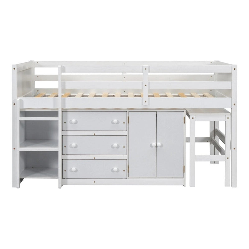 Lit mezzanine double en bois avec bureau coulissant, armoire et étagères
