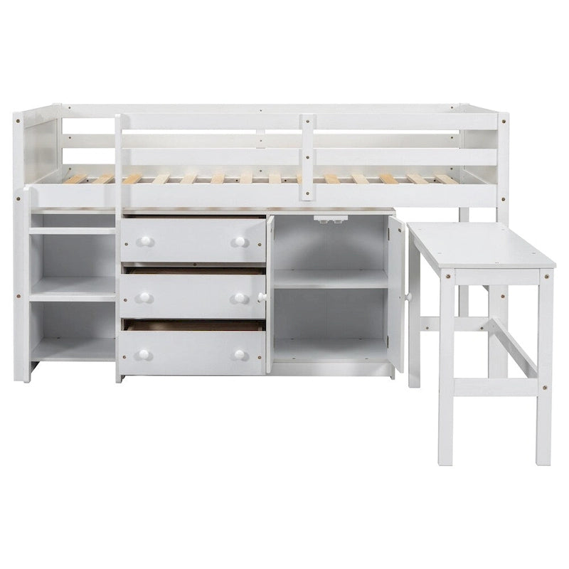 Lit mezzanine double en bois avec bureau coulissant, armoire et étagères