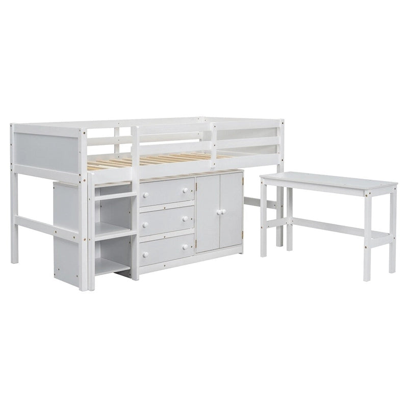 Lit mezzanine double en bois avec bureau coulissant, armoire et étagères