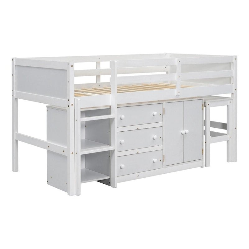 Lit mezzanine double en bois avec bureau coulissant, armoire et étagères