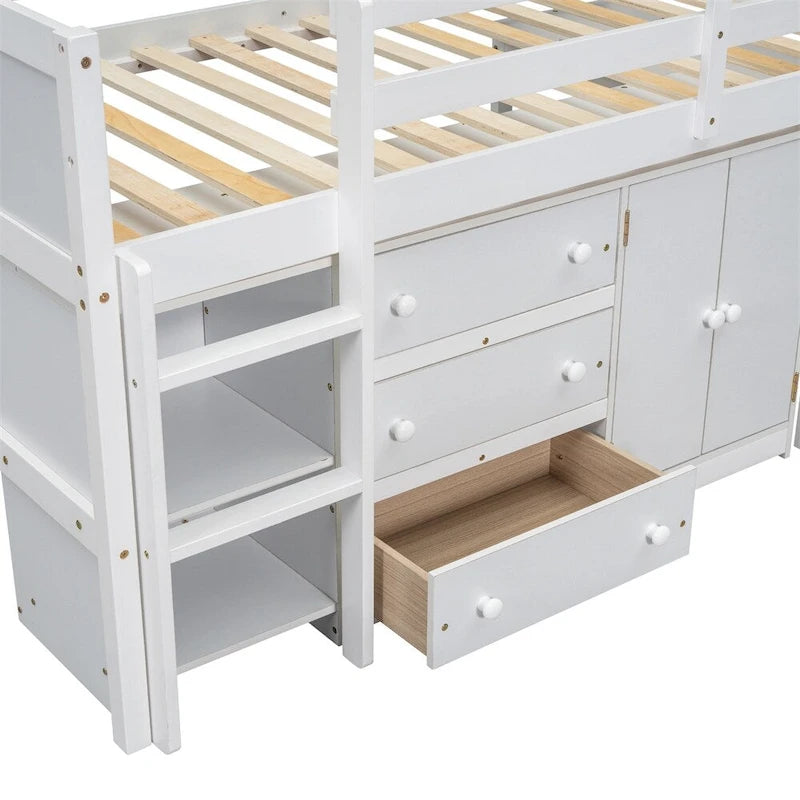 Lit mezzanine double en bois avec bureau coulissant, armoire et étagères